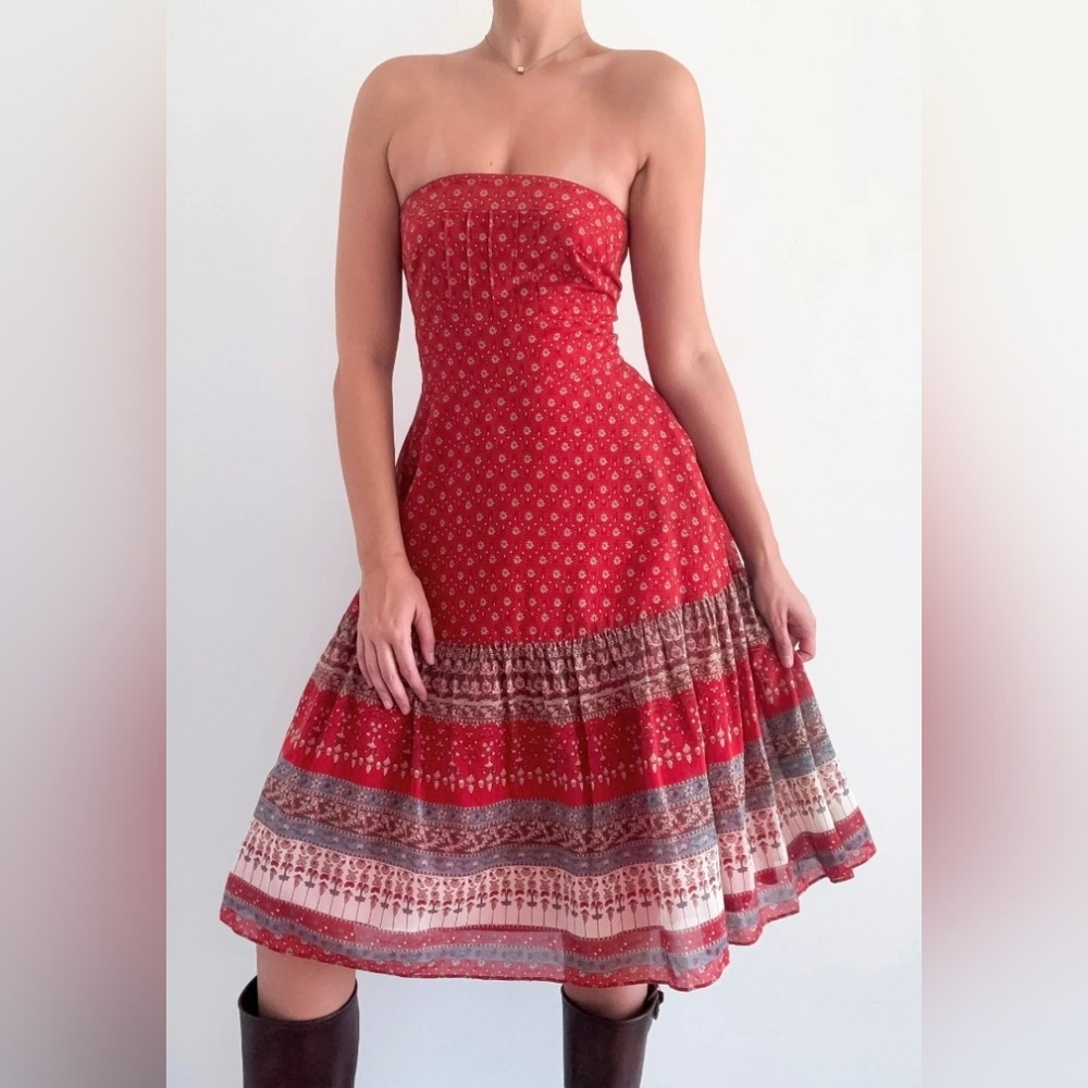 Banana Republic Strapless Silk Blend Prairie Boho Western Midi Dress sz 10